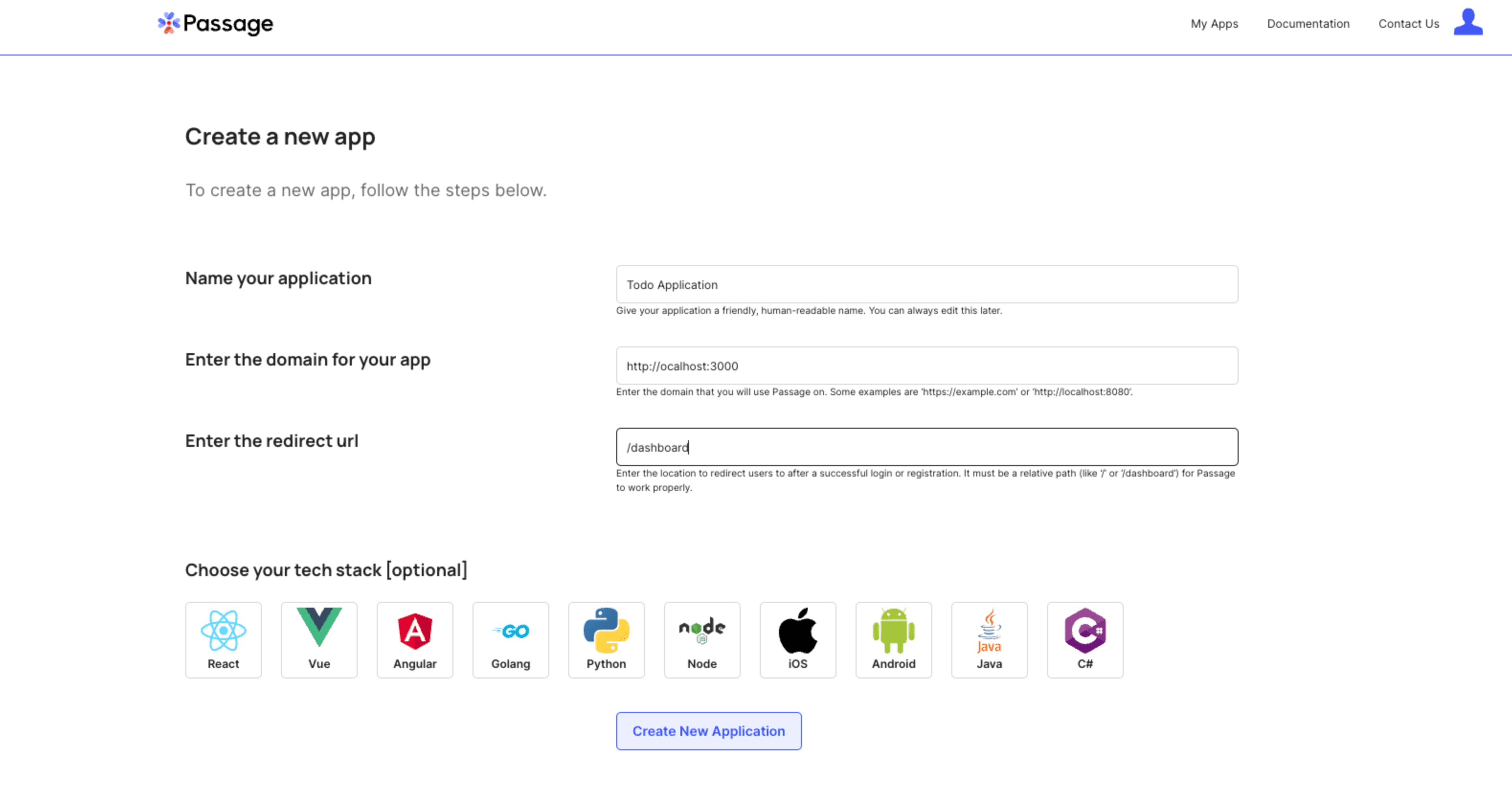 Fill out the required fields to create a new application